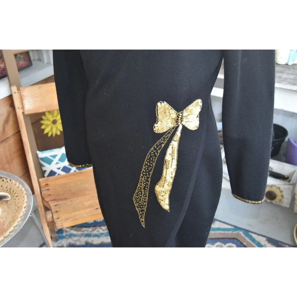 Vtg 70s Wool Dress Gold Sequin Bow, Black, Warren Knits Marisa Christina, Medium